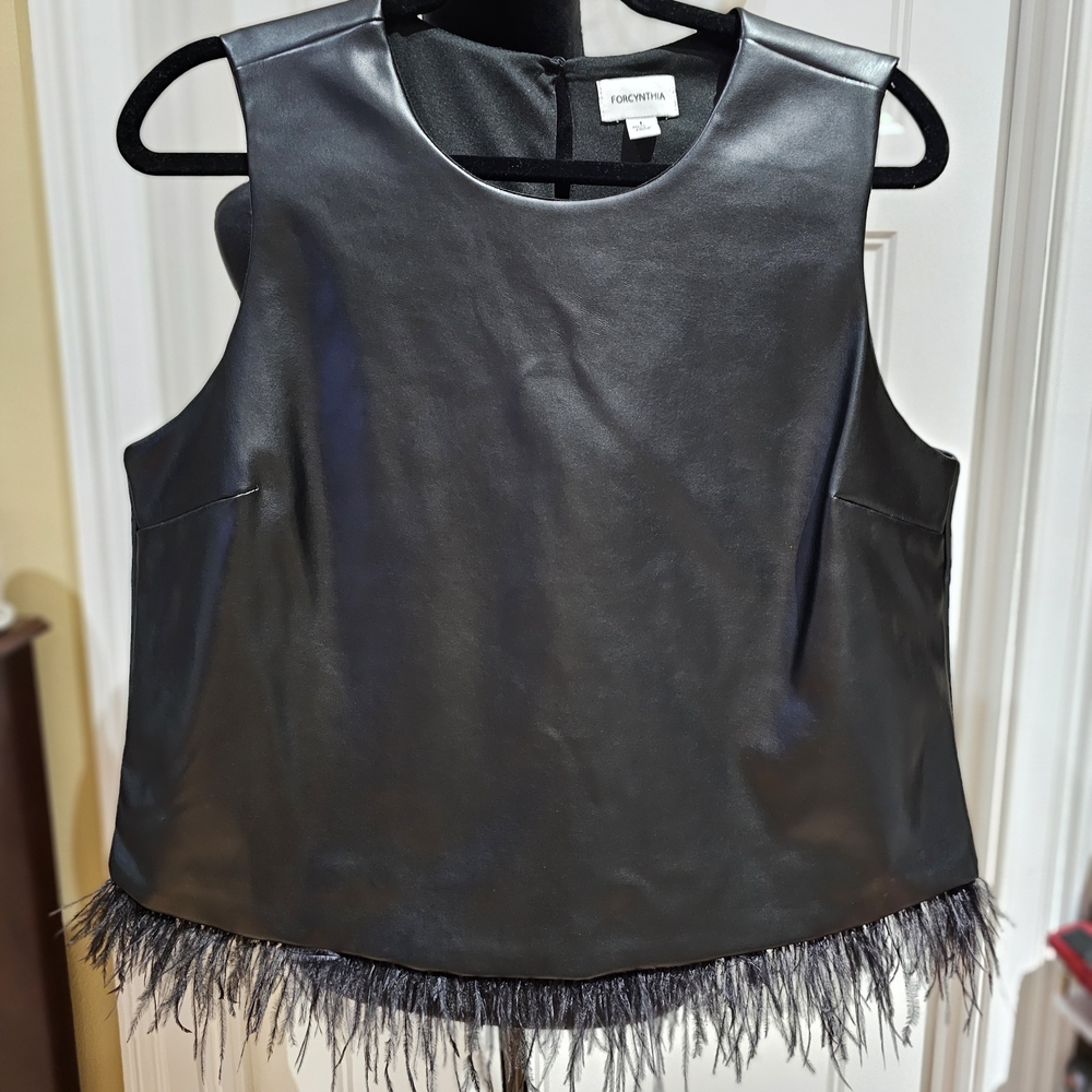 FOR CYNTHIA - Black Faux Leather Crop Top with Feather Trim, NWOT - SIZE L